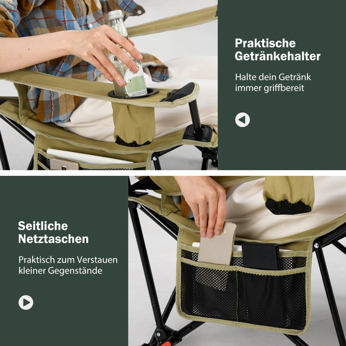 Camping Chair with Adjustable Footrest & Backrest, Khaki