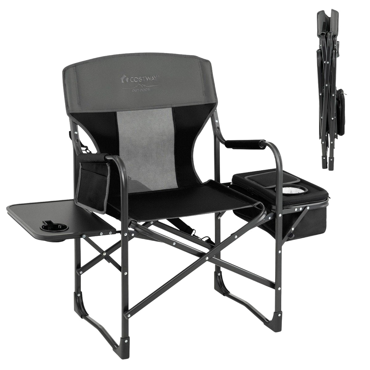 Camping Chair with Side Table, Cooler & Storage, Black