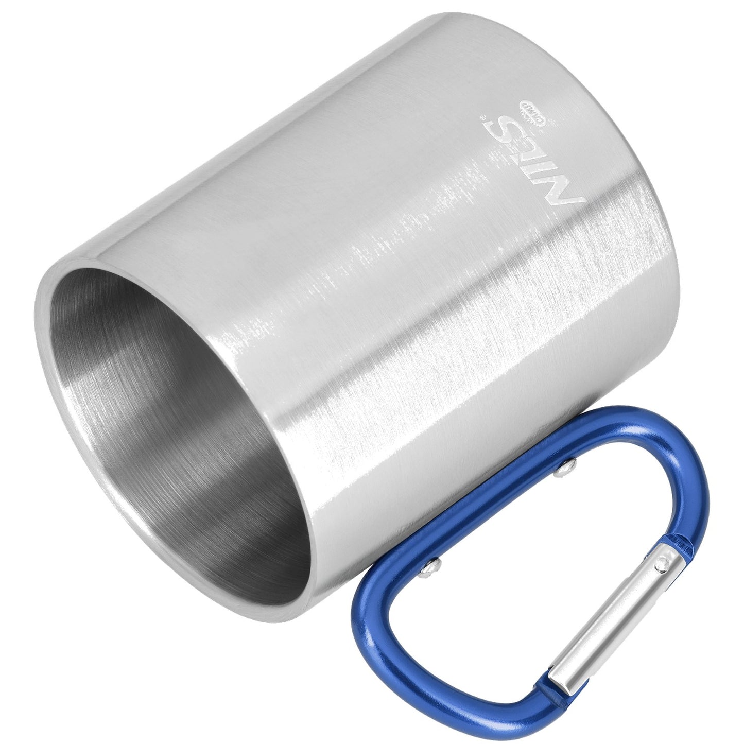 Camping Cup, Carabiner, 300ml Stainless Steel, Blue