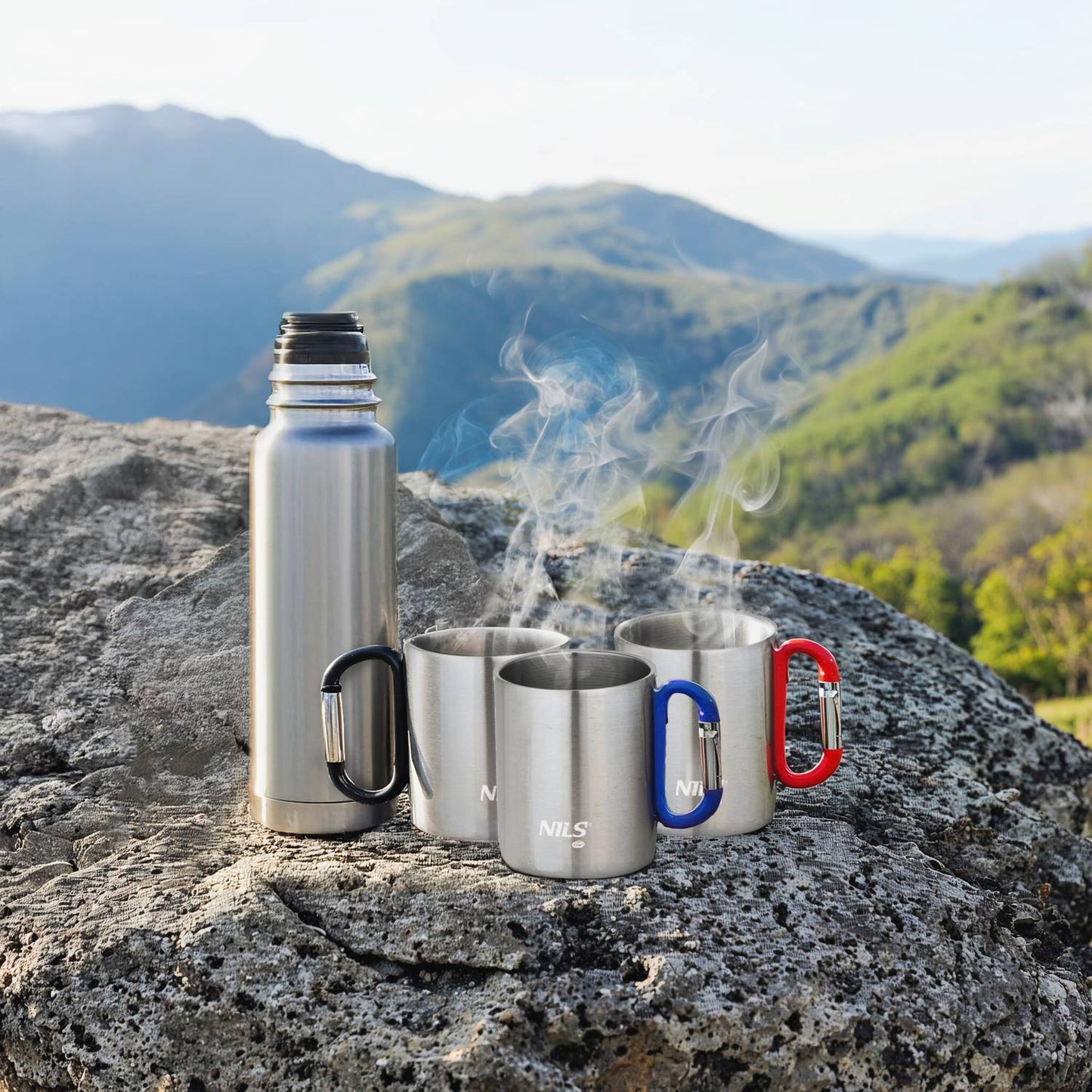 Camping Cup, Carabiner, 300ml Stainless Steel, Blue