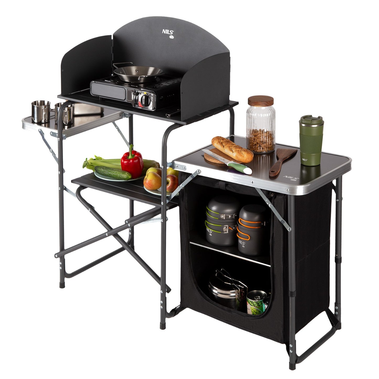 Camping Cupboard with Wind Shelter, Portable Storage