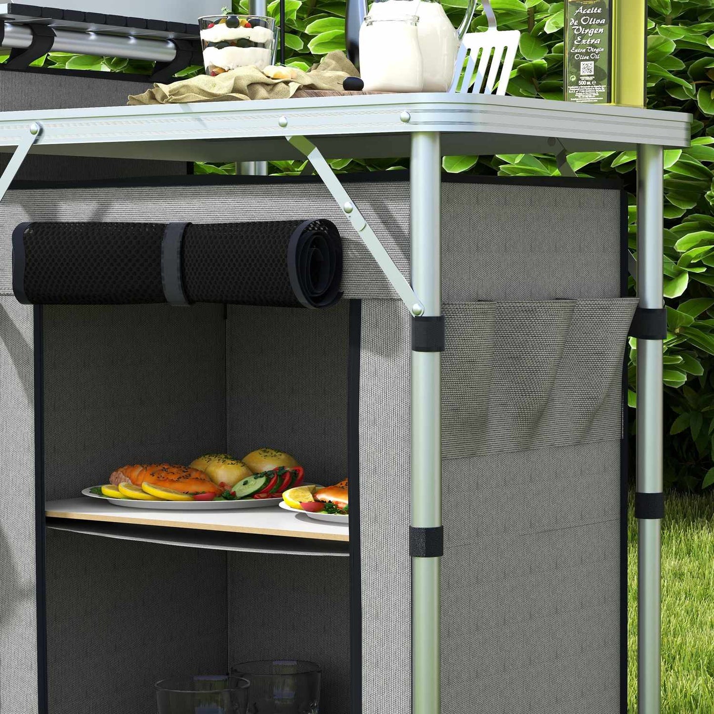Folding camping kitchen with 3 cupboards & worktops, grey