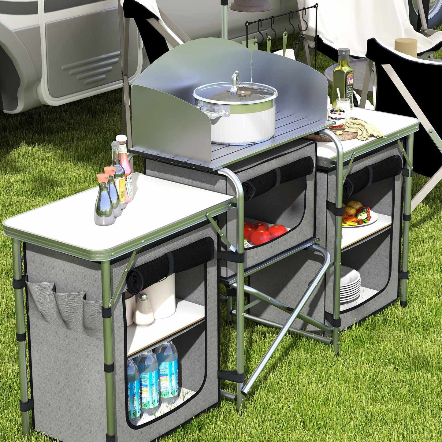 Folding camping kitchen with 3 cupboards & worktops, grey
