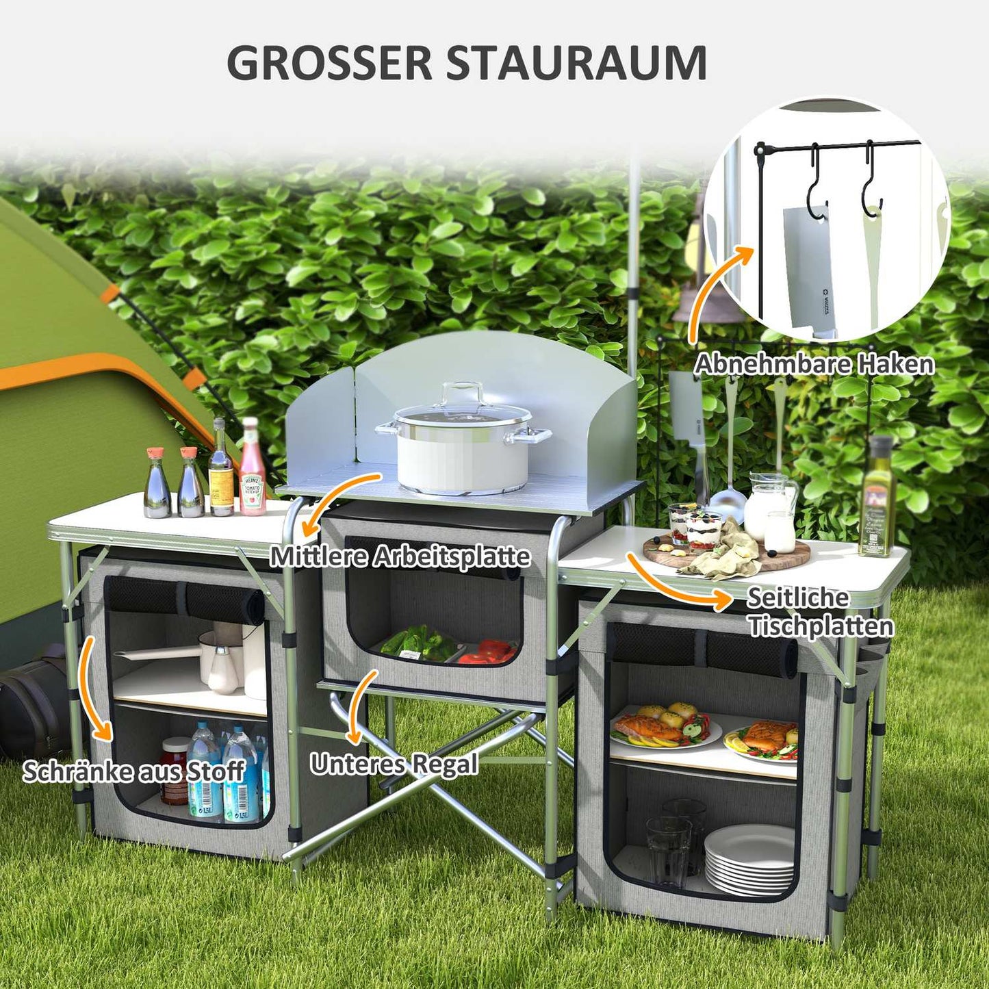 Folding camping kitchen with 3 cupboards & worktops, grey