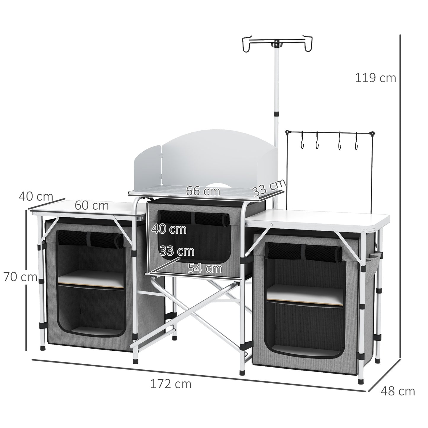 Folding camping kitchen with 3 cupboards & worktops, grey