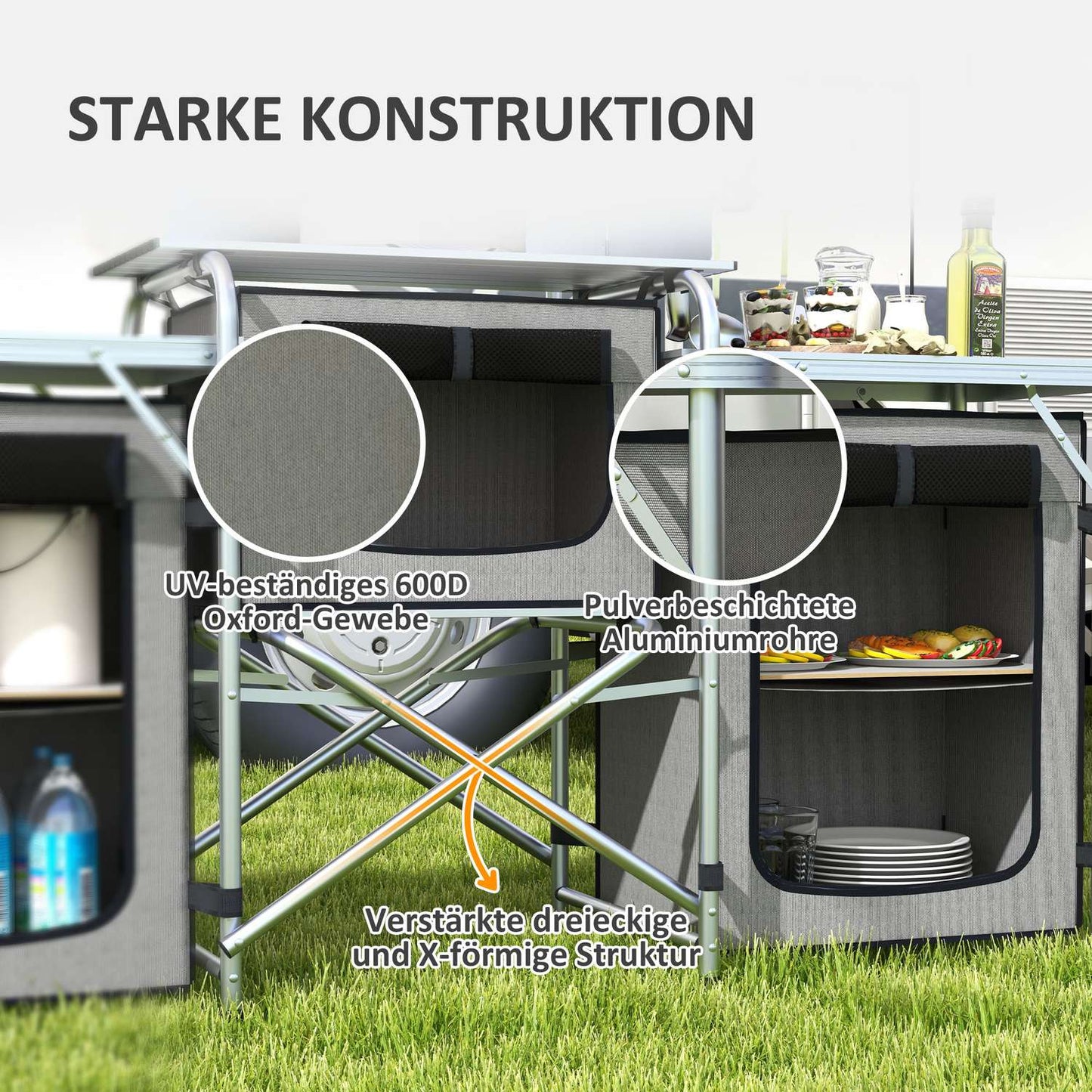 Folding camping kitchen with 3 cupboards & worktops, grey
