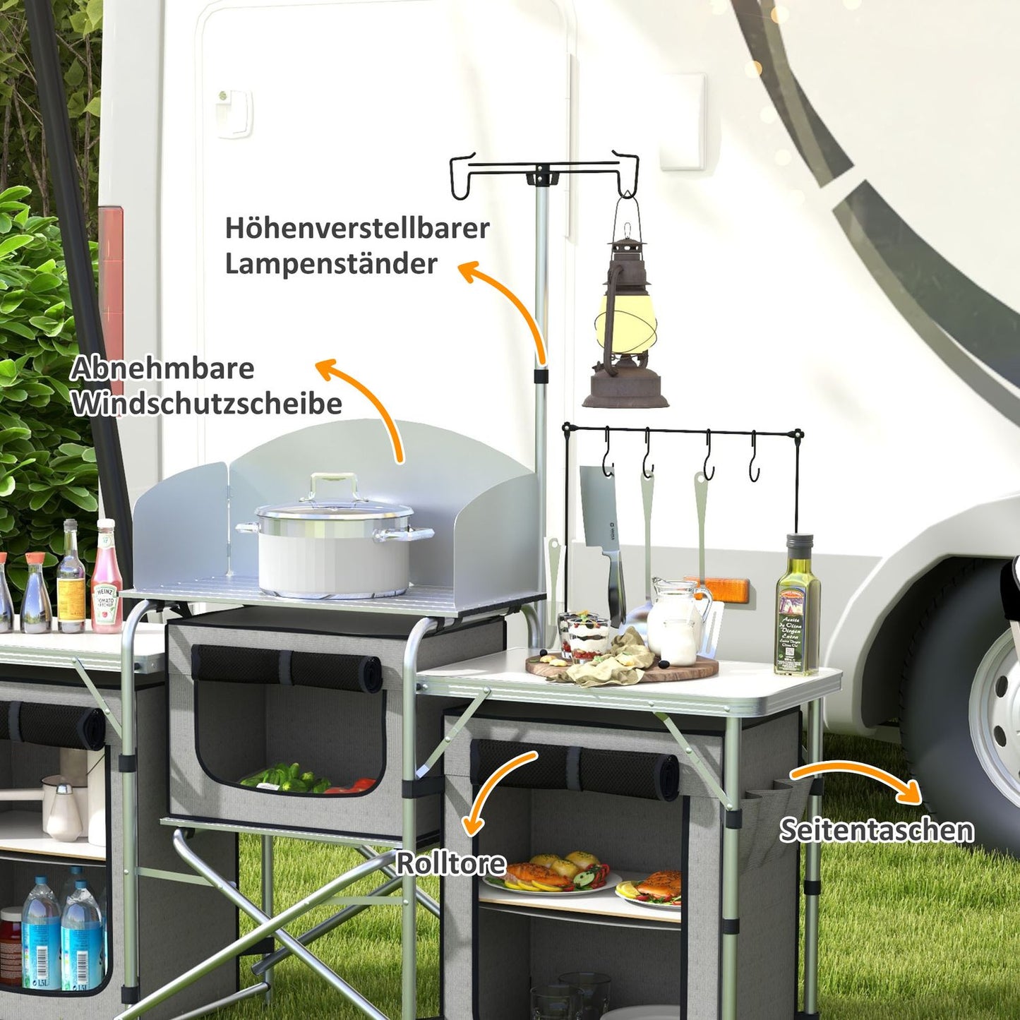 Folding camping kitchen with 3 cupboards & worktops, grey