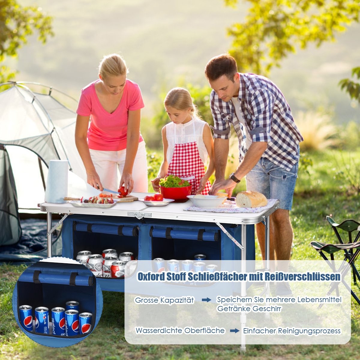 Camping Klapptisch Alu, 2 Höhen, Großer Stauraum