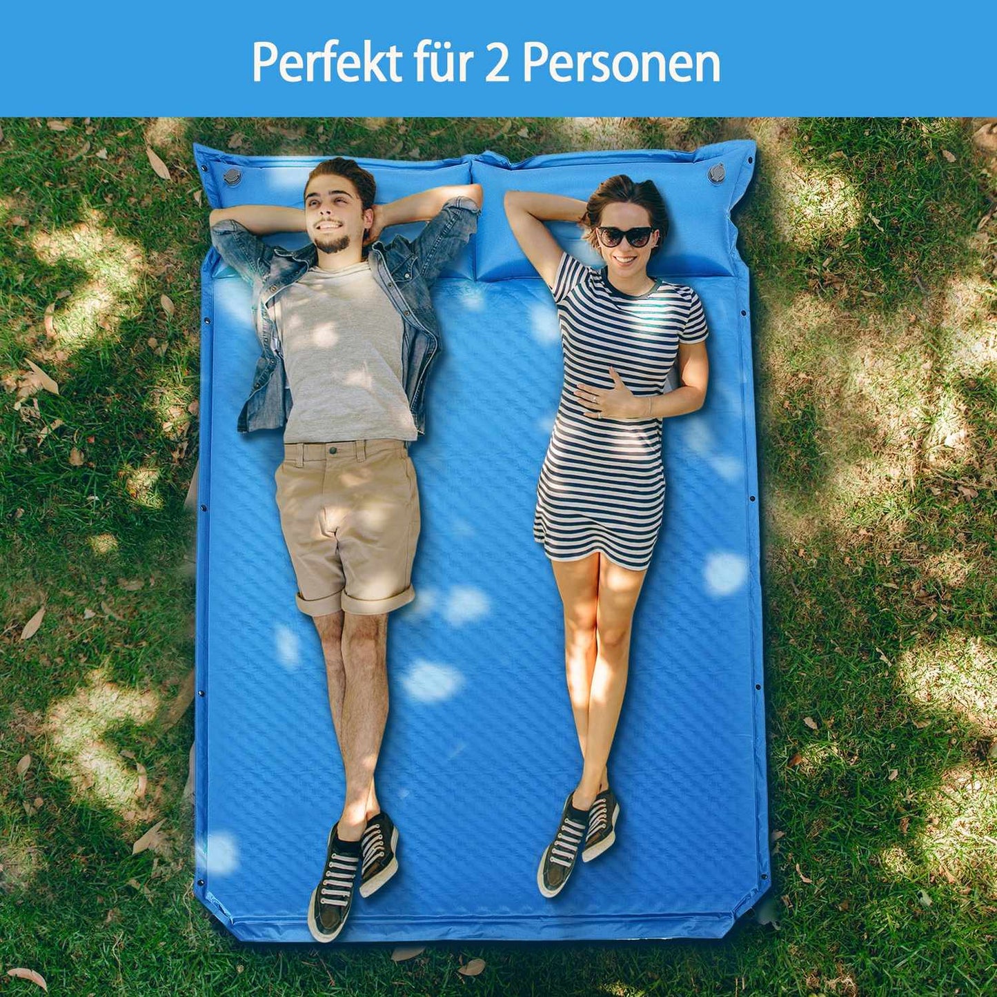 Camping Mat with Pillow 2 Person Self-Inflating Camping Mat Camping Sleeping Mat 187x131x4cm Blue