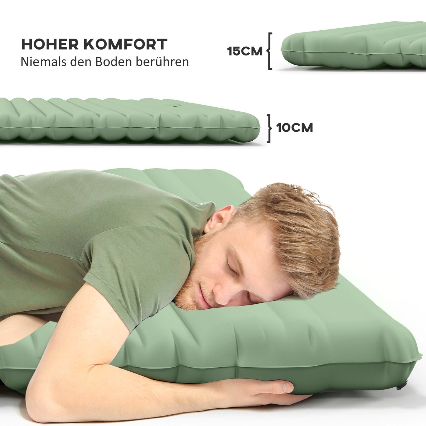 Self-inflating camping air mattress for 2 people, 150 kg capacity