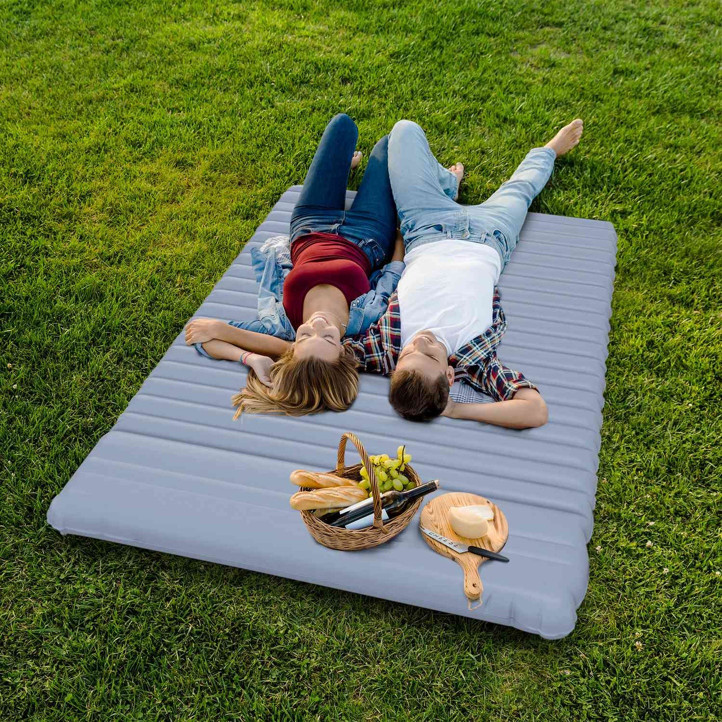 Self-inflating camping sleeping mat for 2, foot pump, blue