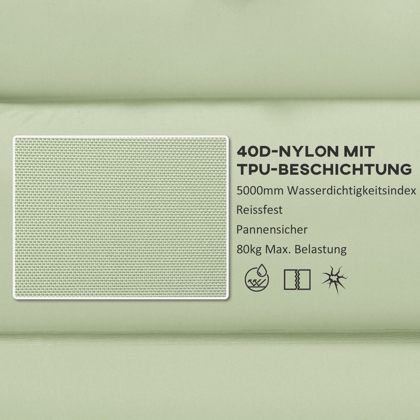 Water-repellent camping air mattress with foot pump, green