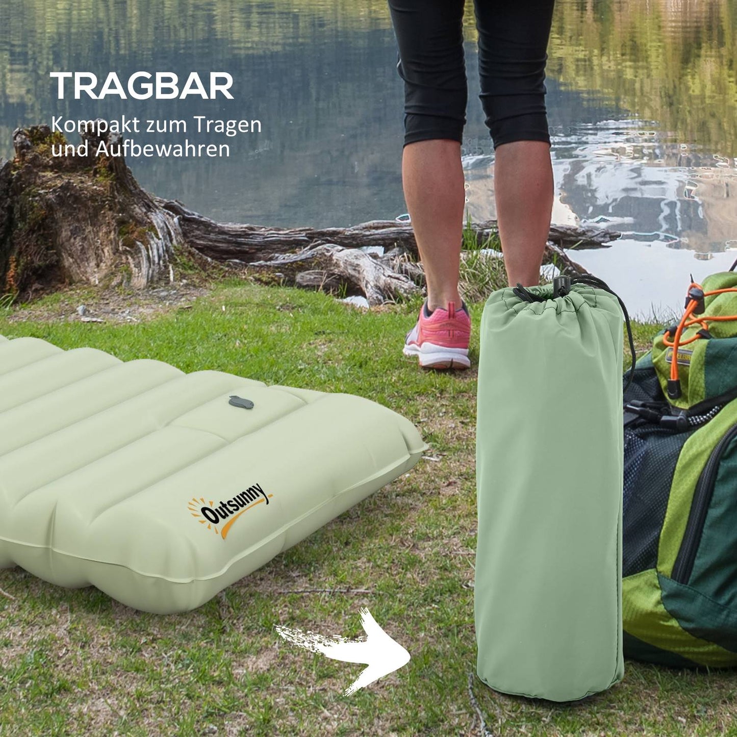Water-repellent camping air mattress with foot pump, green