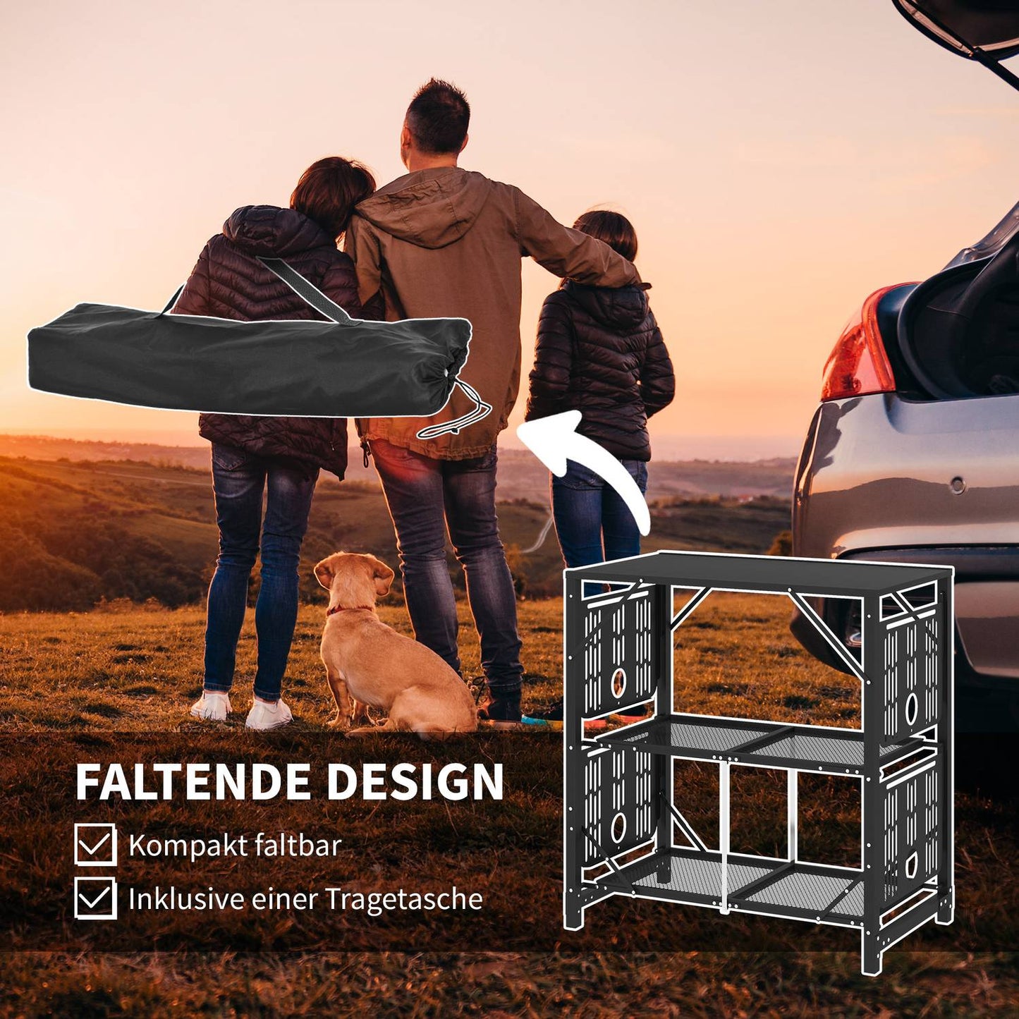 Folding camping table, metal - 2 shelves, 4 side tables