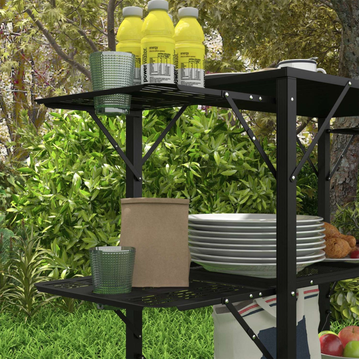 Folding camping table, metal - 2 shelves, 4 side tables