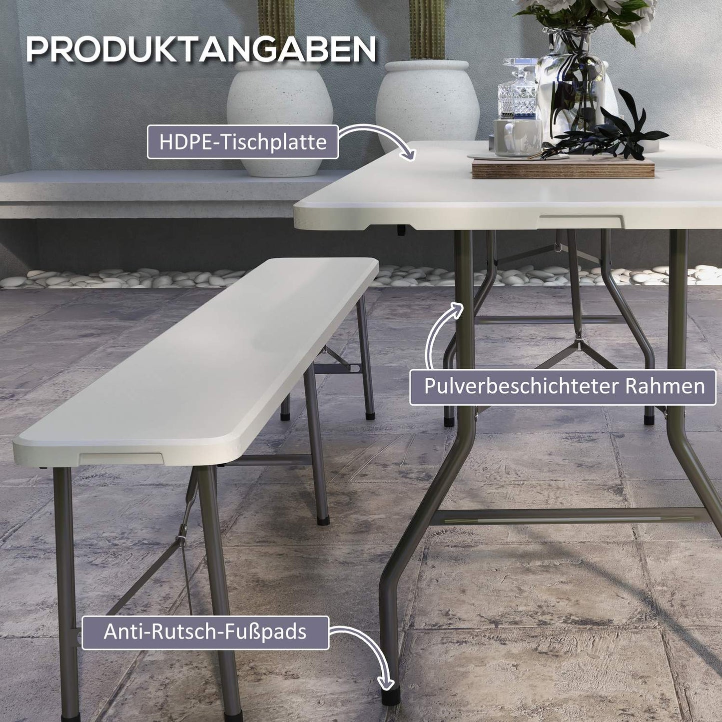 Folding Camping table for 6, HDPE, 180x75x73 cm White