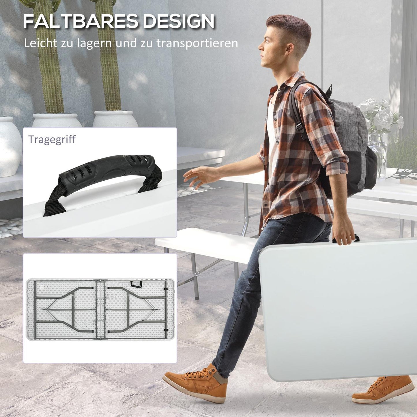 Folding Camping table for 6, HDPE, 180x75x73 cm White
