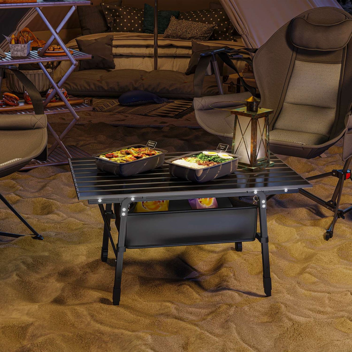 Folding camping table with storage, adjustable height
