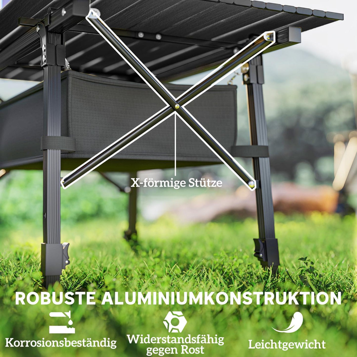 Folding camping table with storage, adjustable height