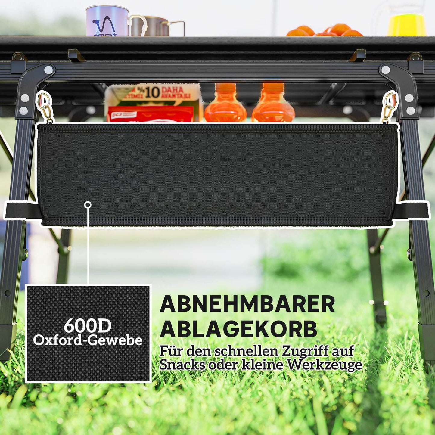 Folding camping table with storage, adjustable height