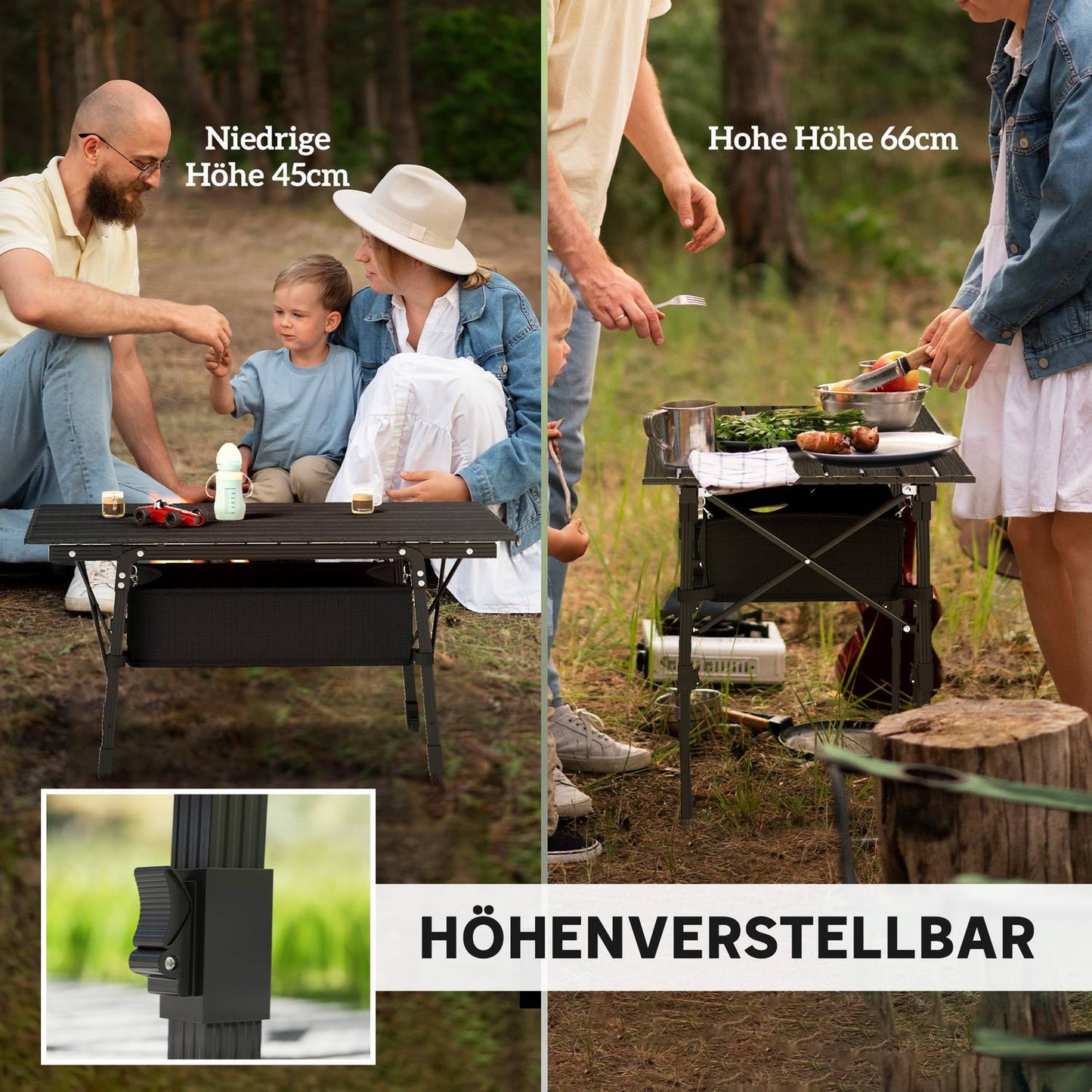 Folding camping table with storage, adjustable height