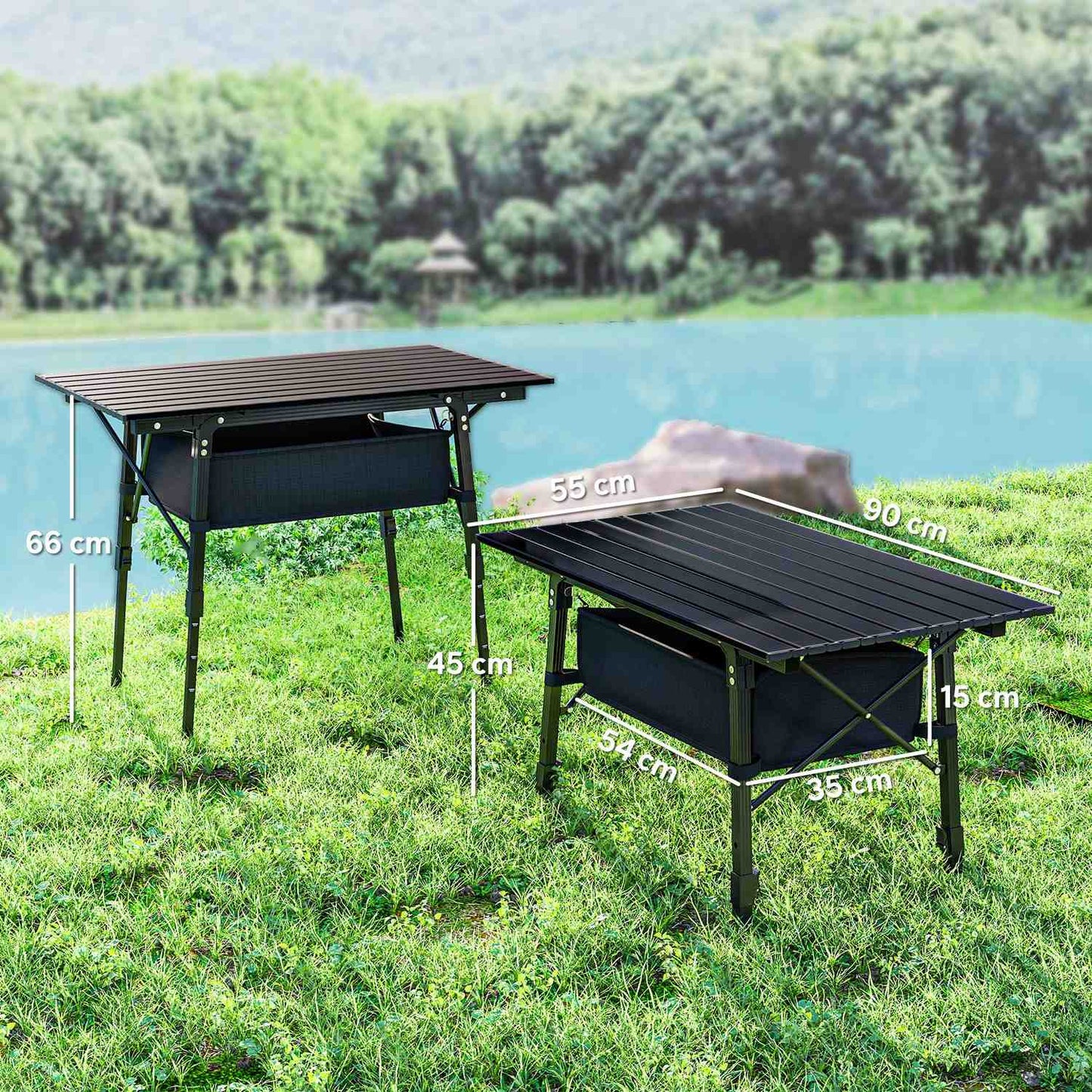 Folding camping table with storage, adjustable height