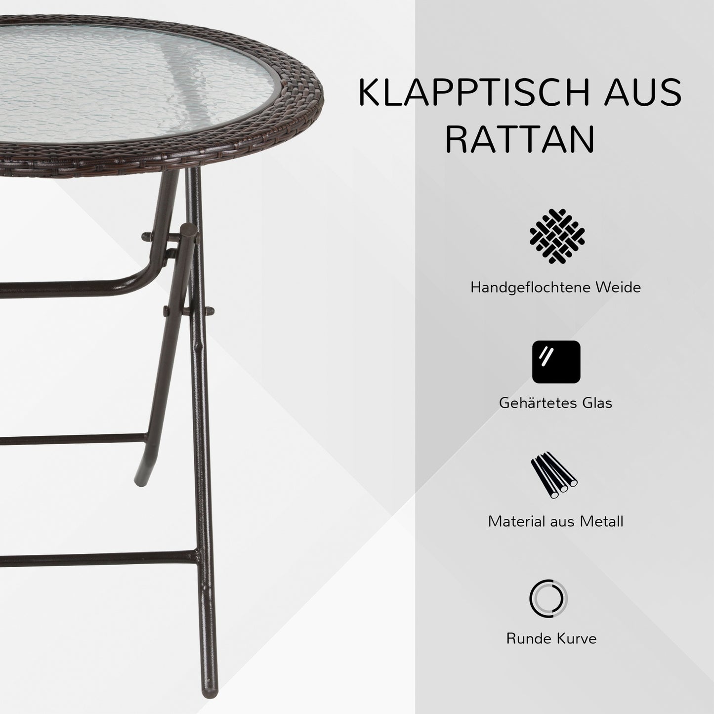 Round folding camping table - brown rattan, steel, Ø68 Cm