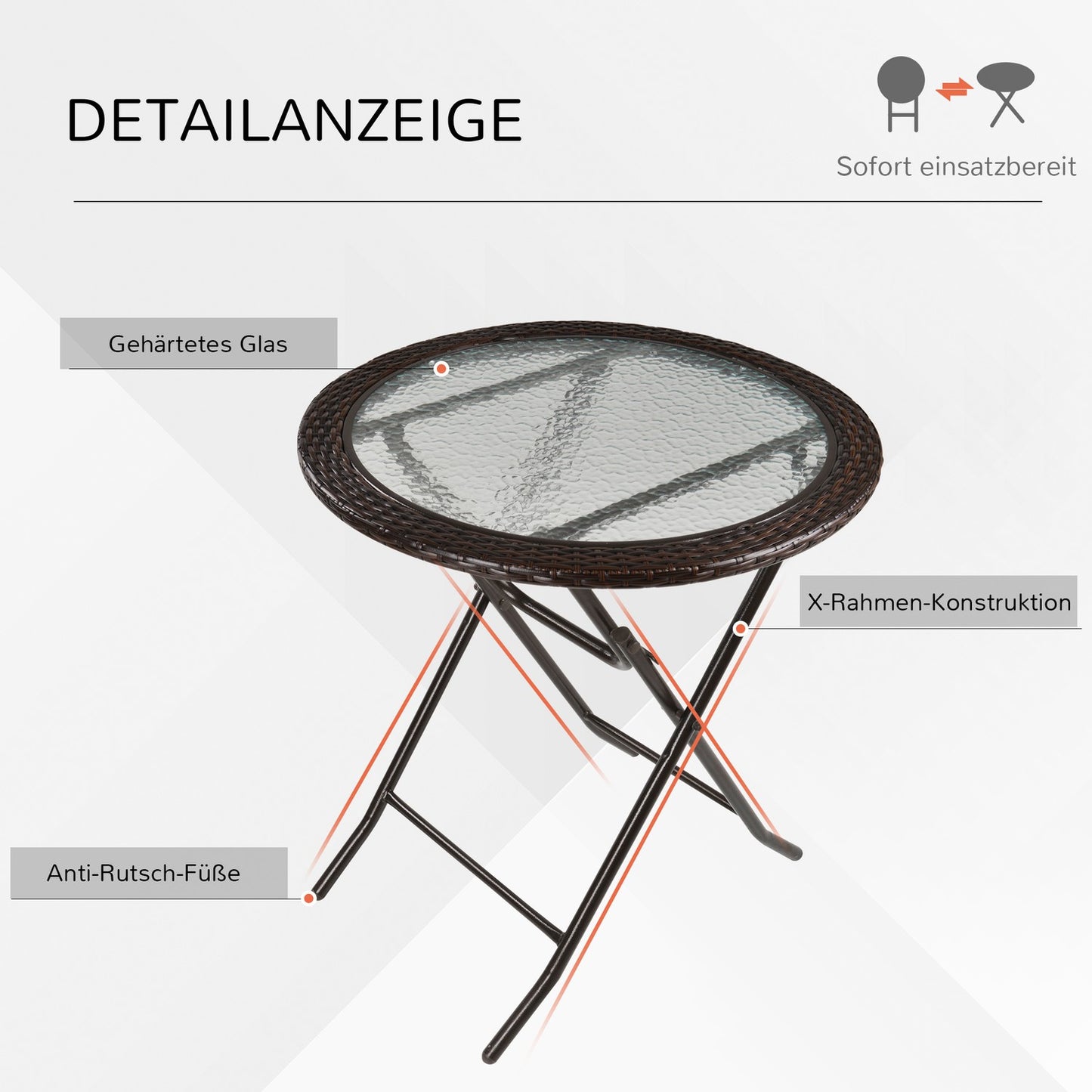 Round folding camping table - brown rattan, steel, Ø68 Cm