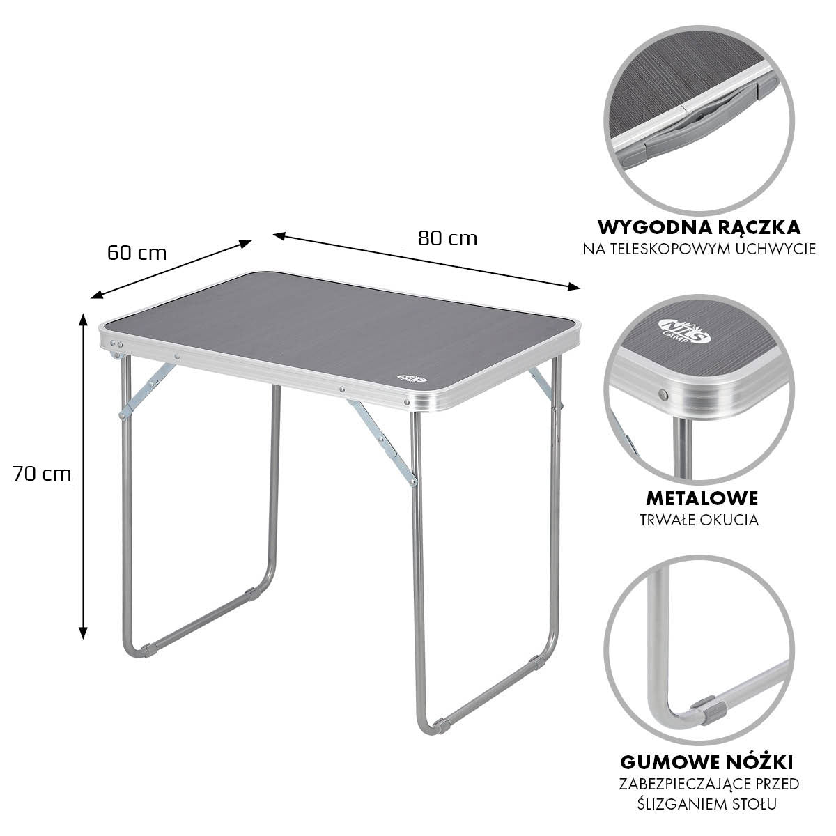 Camping Table, Graphite, 80x60x70 cm, Foldable