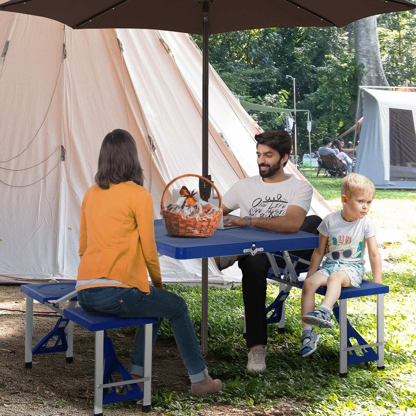 Folding aluminum camping table set with 4 seats, blue