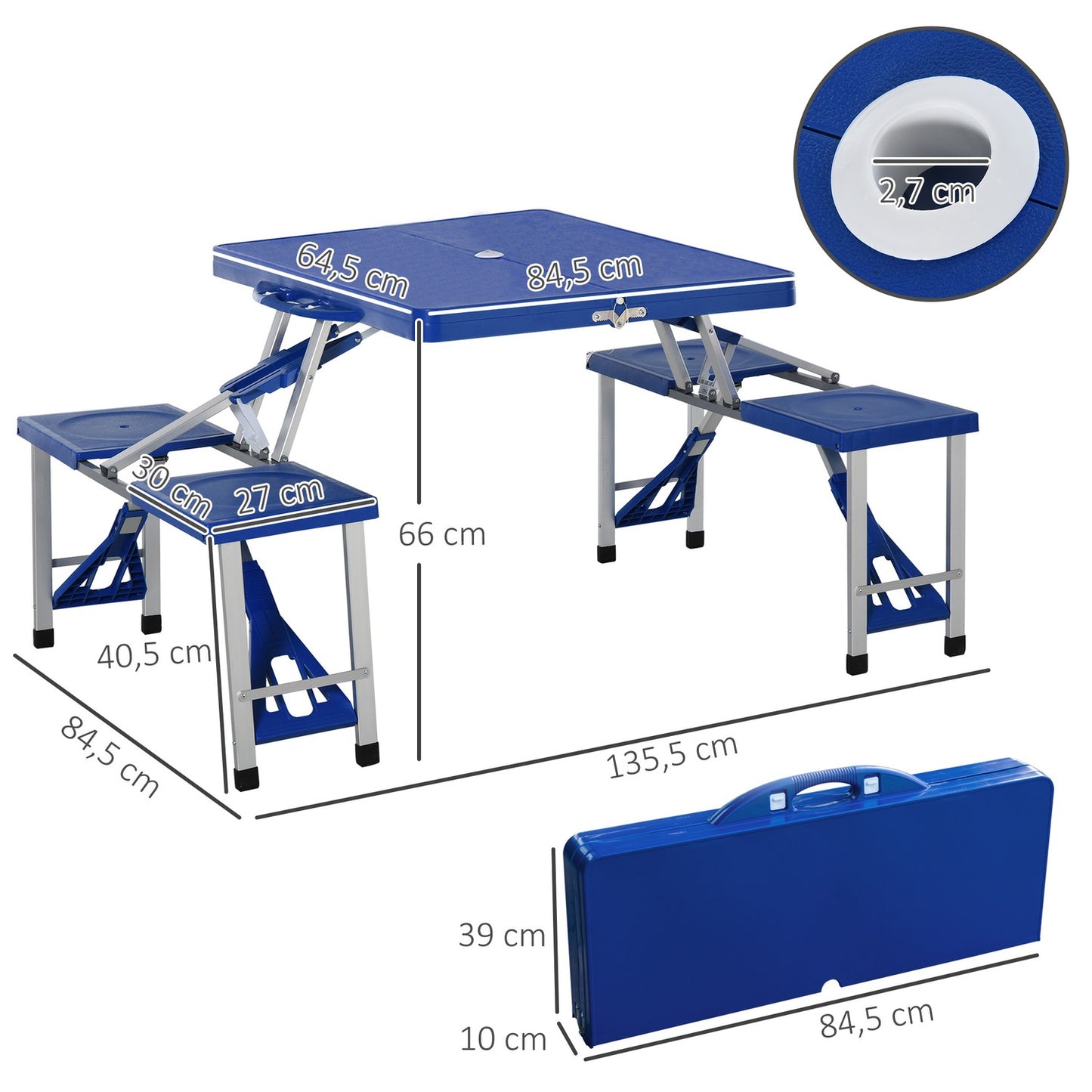 Folding aluminum camping table set with 4 seats, blue