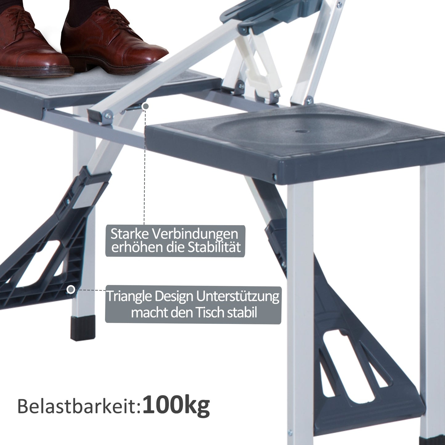 Camping table set in aluminum with 4 folding seats