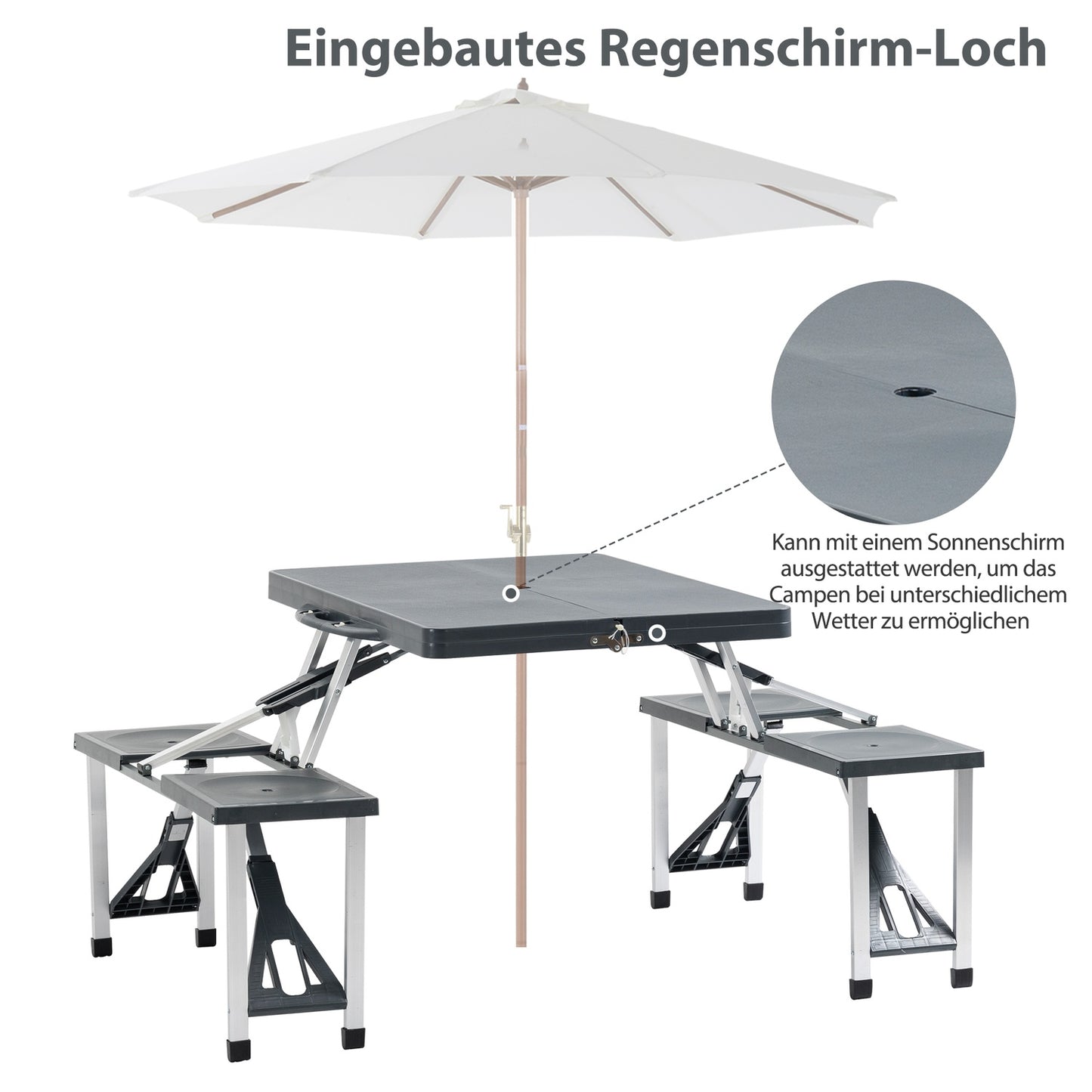 Camping table set in aluminum with 4 folding seats