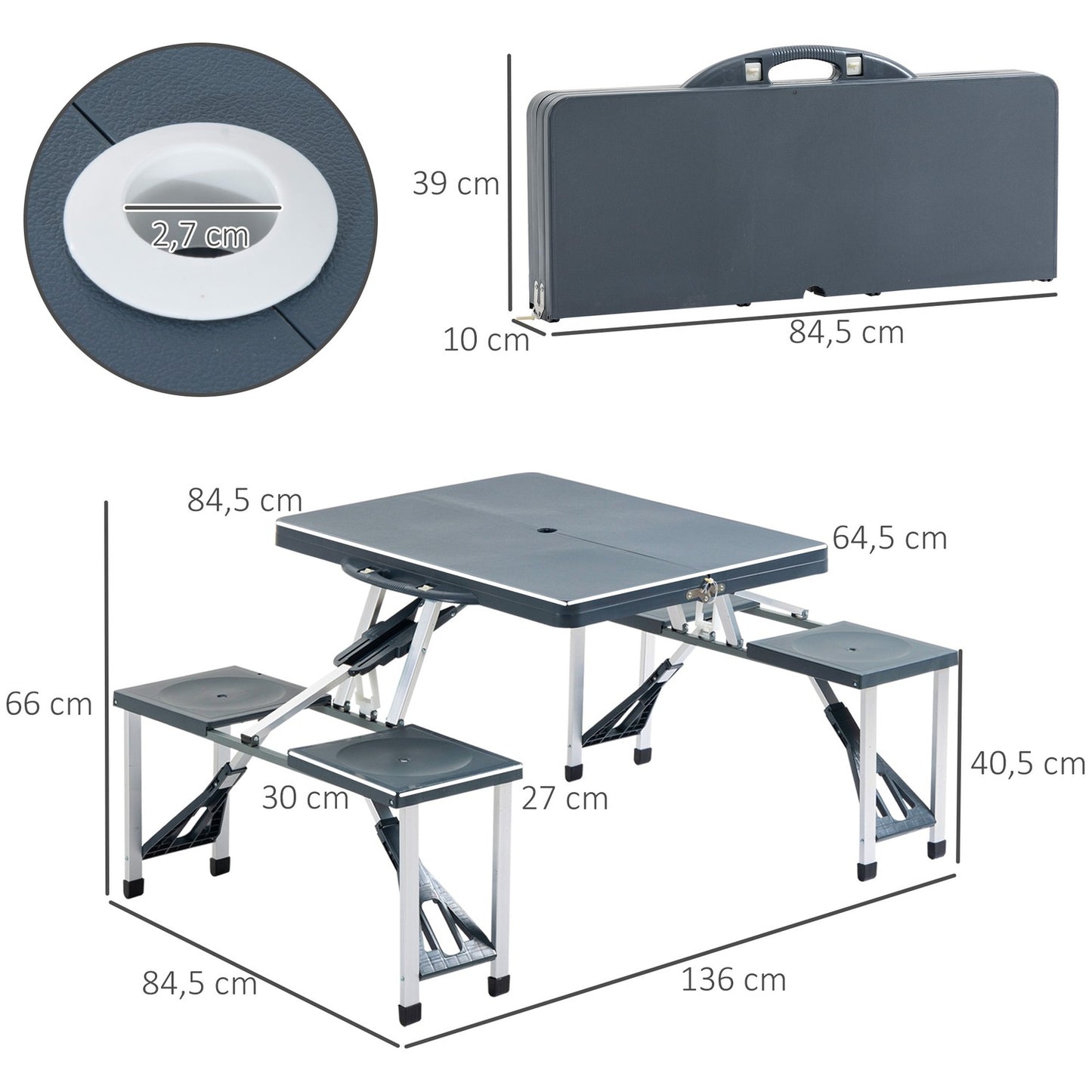 Camping table set in aluminum with 4 folding seats