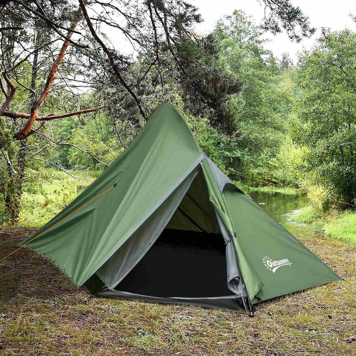 Two-person camping tent with fiberglass poles, dark green