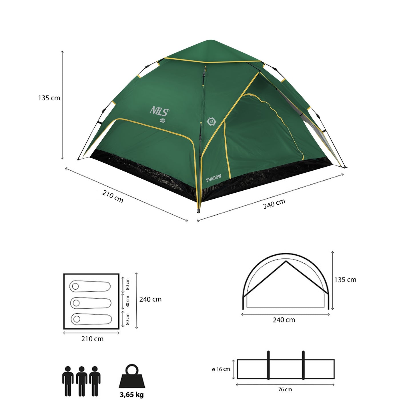 Camping Tent, 3-Person, 3000mm Waterproof