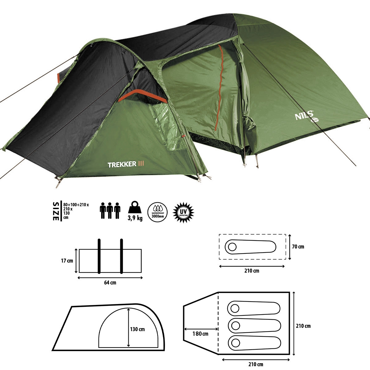 Camping Tent, 3-Person, Lightweight, Easy Setup