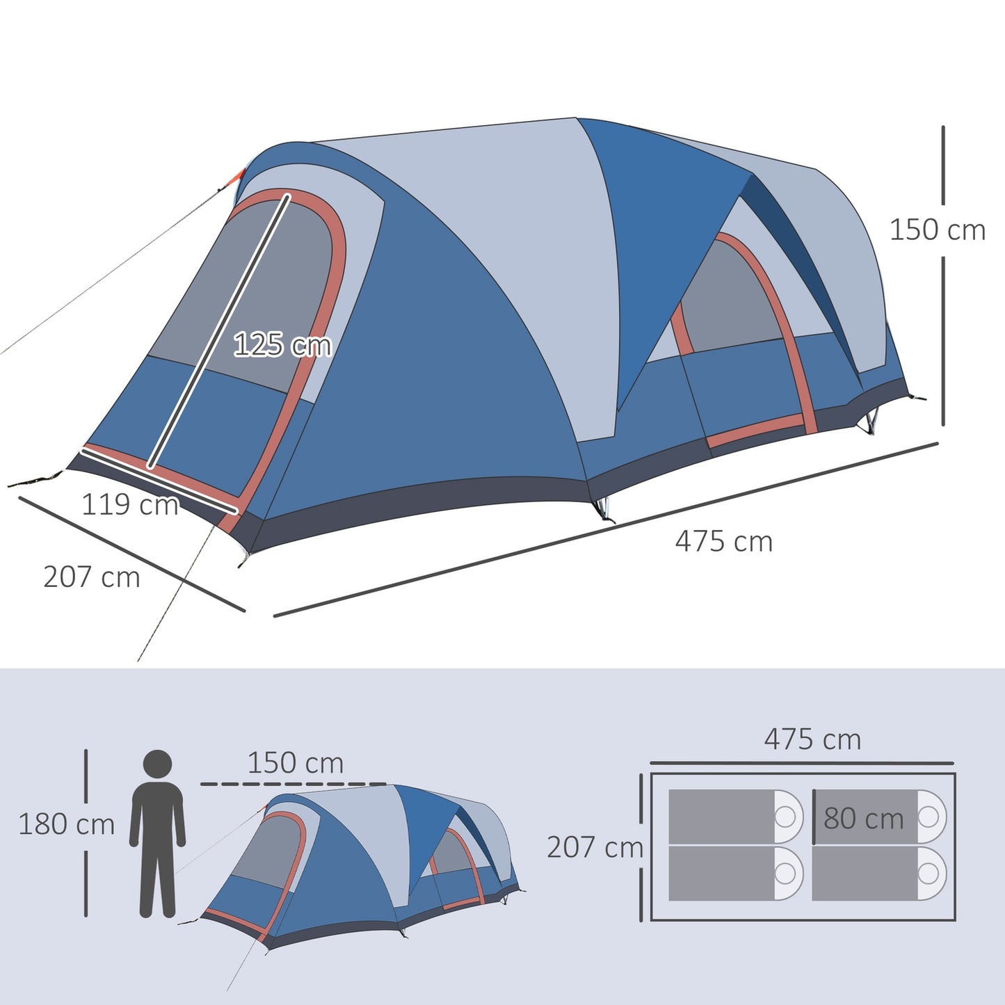 4-person camping tunnel tent, UV protection, waterproof