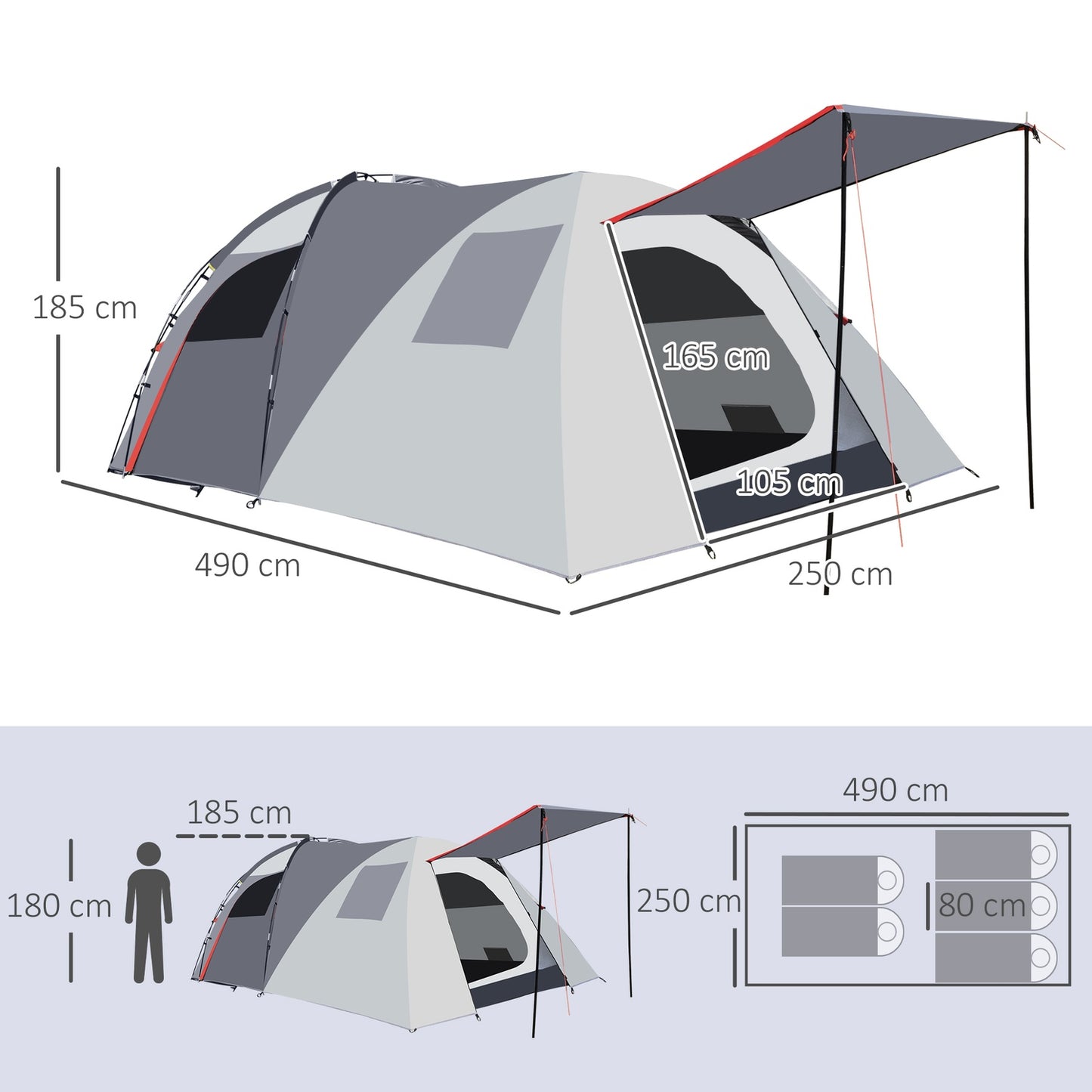 Tunnel camping tent for 5 people - waterproof, mesh window