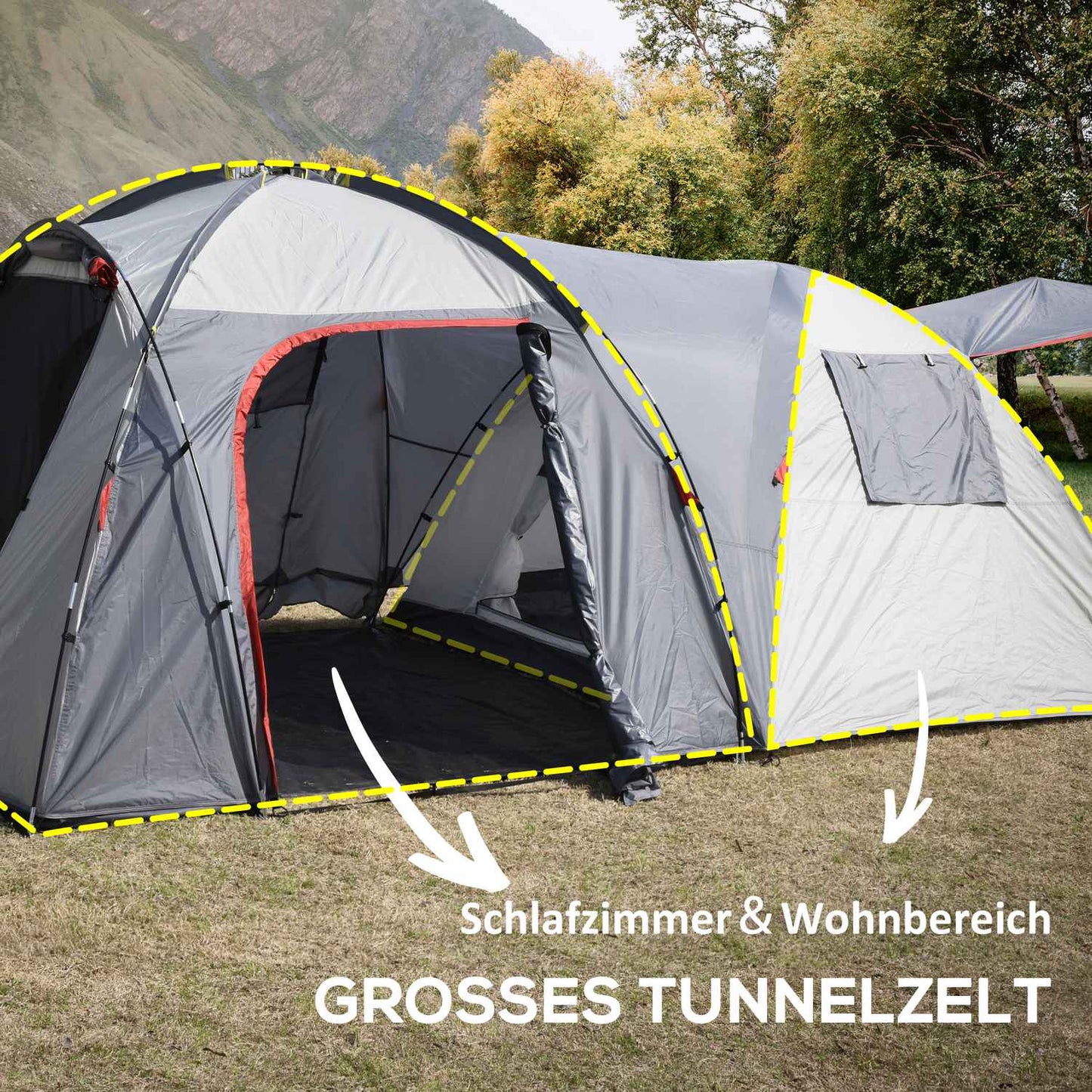 Tunnel camping tent for 5 people - waterproof, mesh window