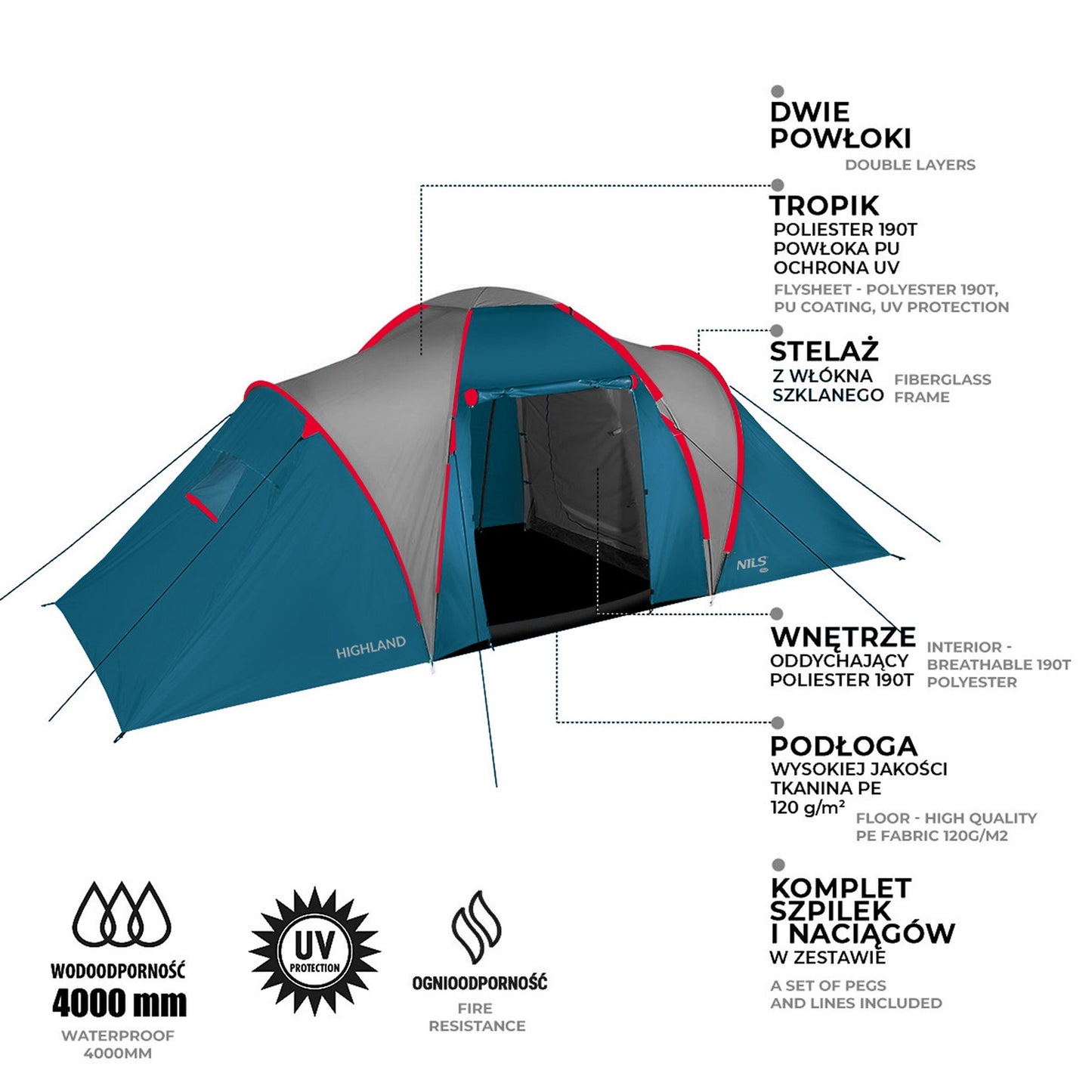 Camping Tent, Blue-Light Gray, 2-Person, Waterproof