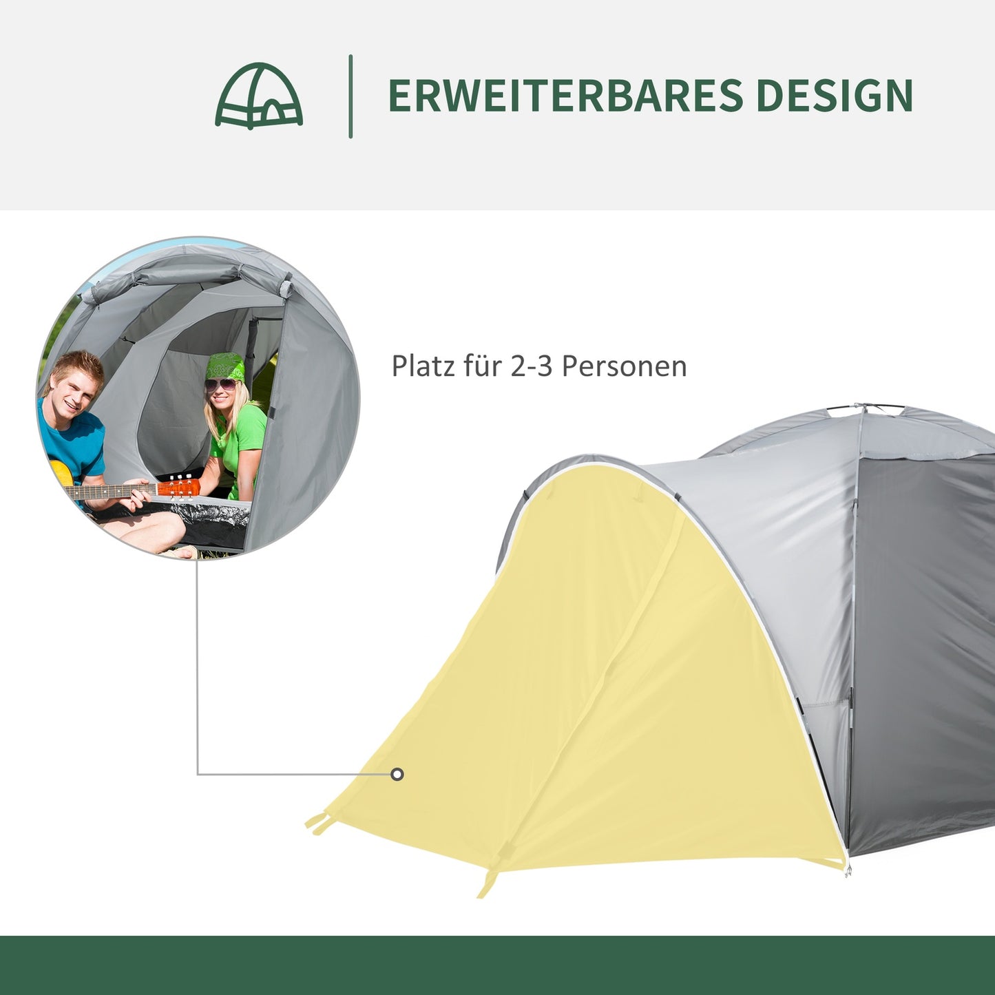 Camping tent for 2-3 people, door & mesh window, grey
