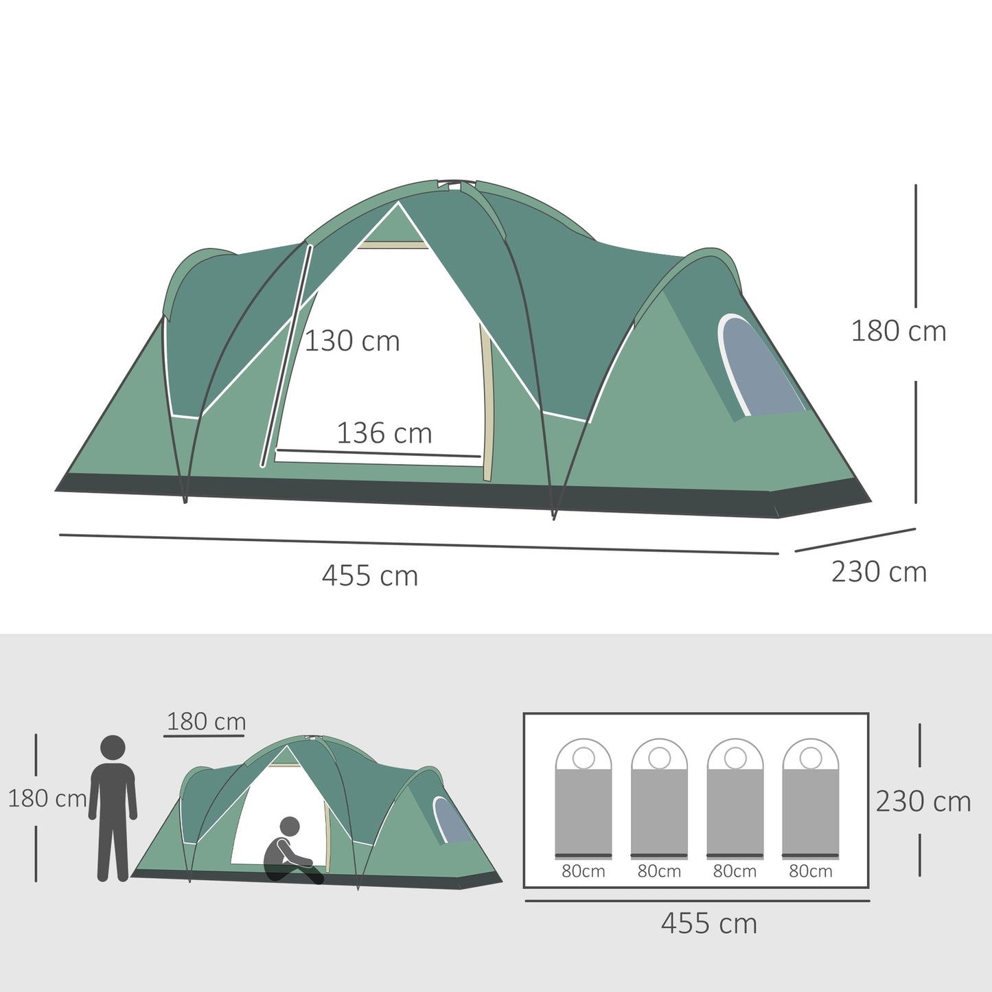 Tunnel camping tent for 5-6 people, durable polyester