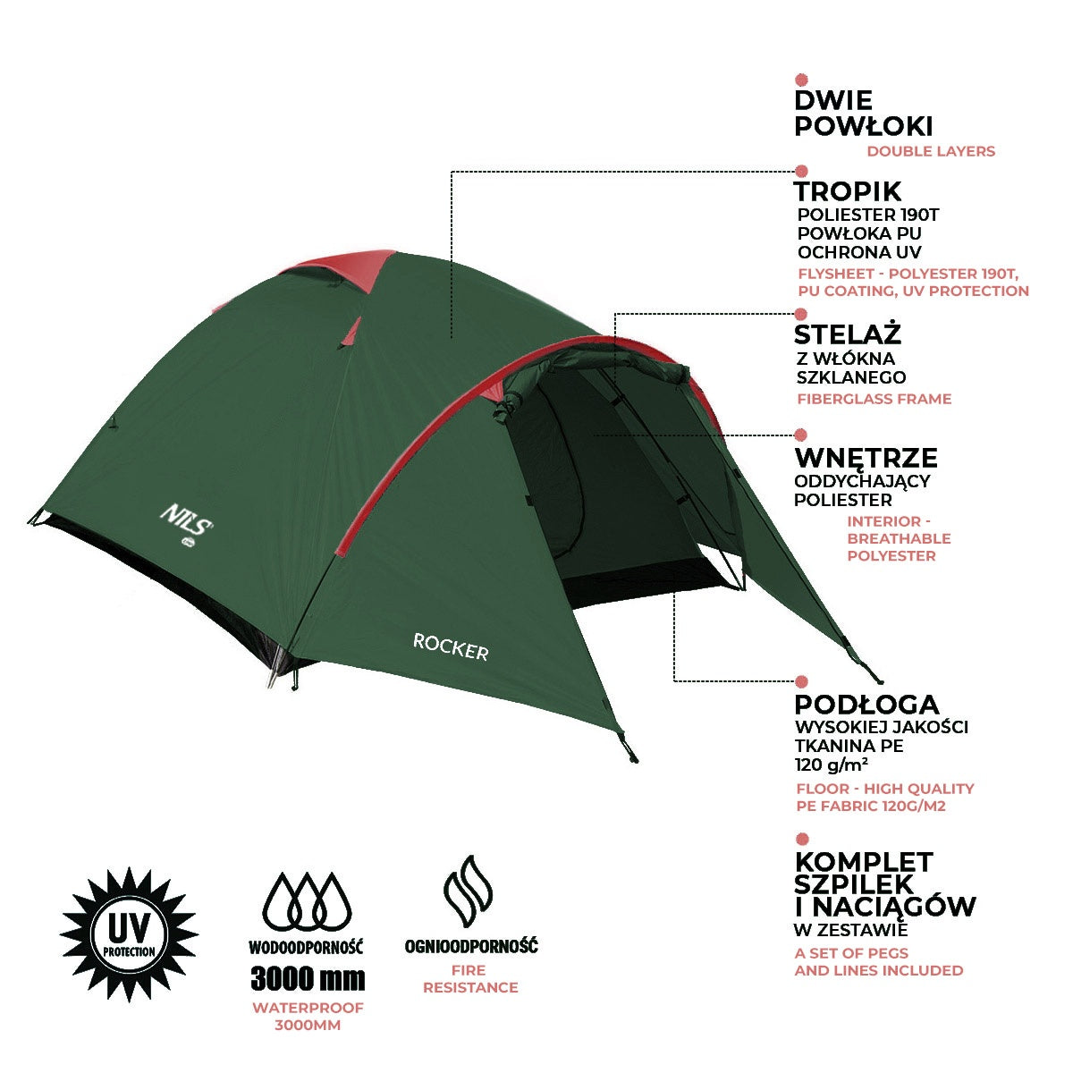 Camping Tent, Green-Red, 2-Person, Lightweight