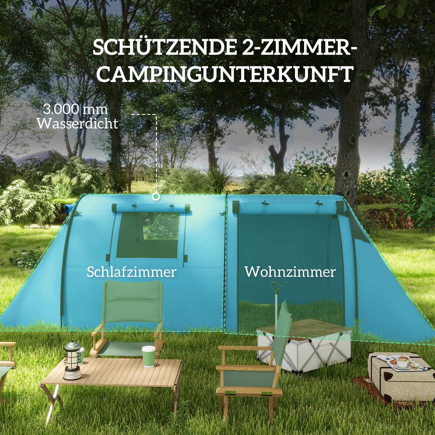 Camping Tent for 4 People, Waterproof, 2-Room Design