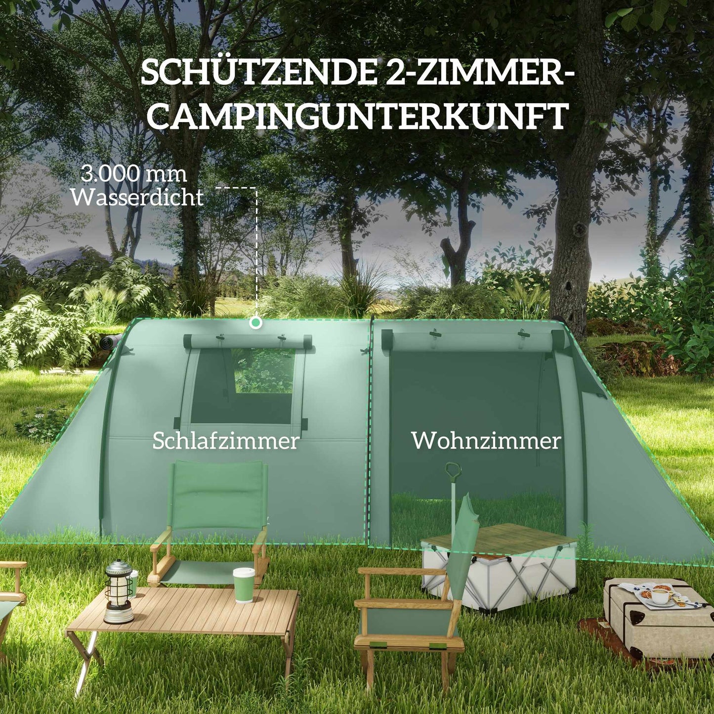 Camping Tent for 4 People, Waterproof, 2-Room Design