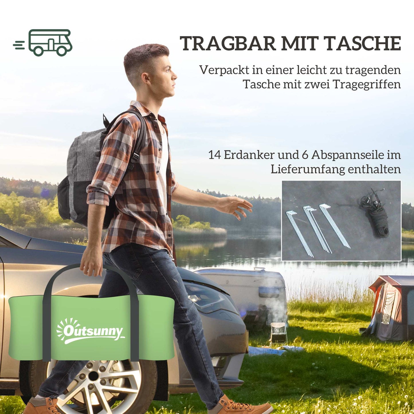 Camping Tent for 4, Waterproof, 2-Room, Dark Green