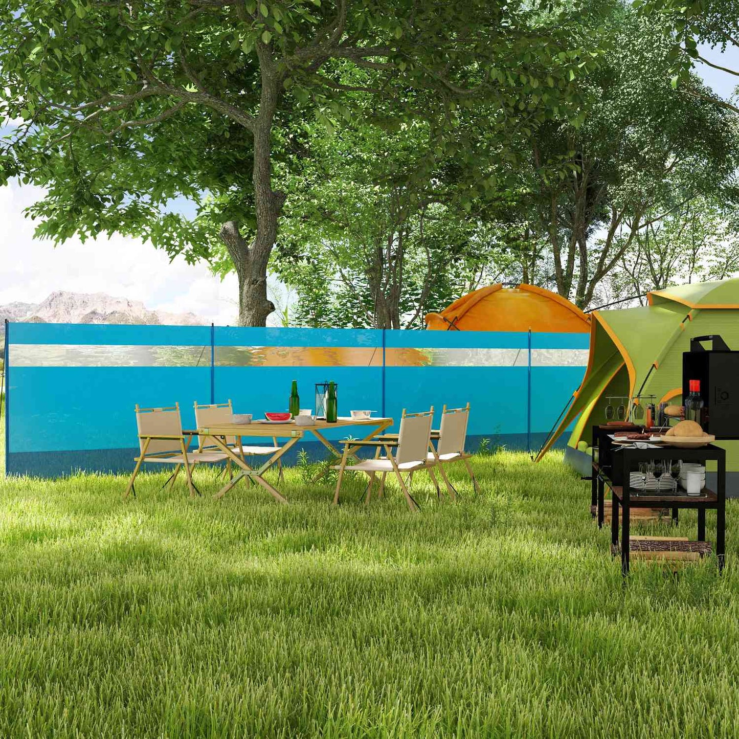 Camping windbreak, 4 panel blue privacy screen with window