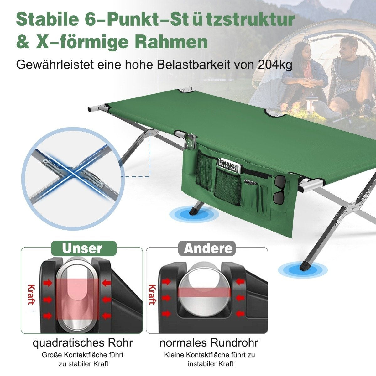 Camping bed camp bed folding camping bed single bed folding bed with side pocket 190 x 73 x 42cm green