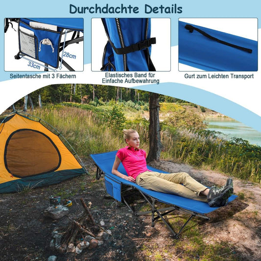 Camping bed, durable travel bed with headrest, 190 x 70 x 54 cm, blue